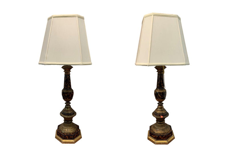 Pair Faux Tortoise & Pewter Inlay Column Lamps