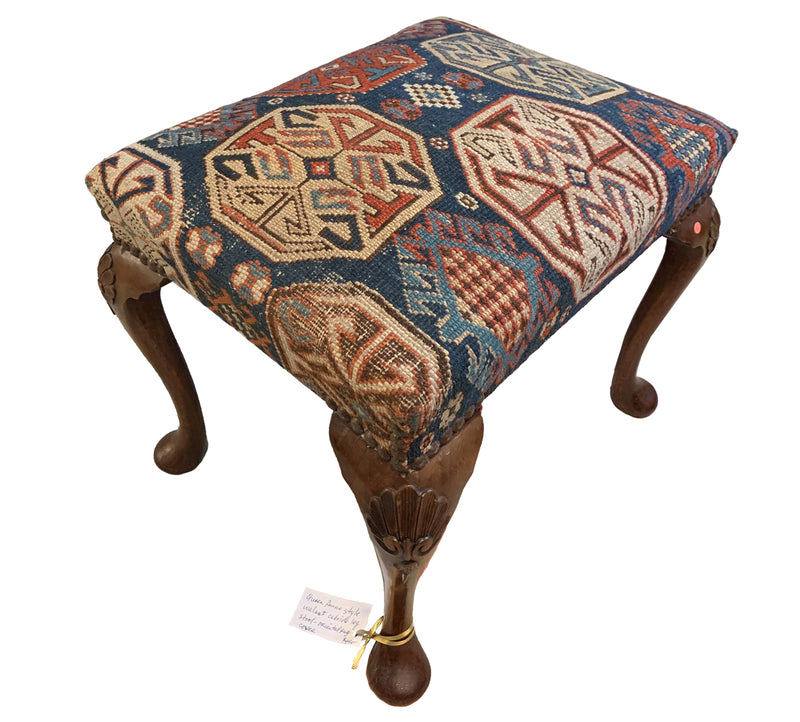 Queen Anne Style Walnut Stool With Oriental Rug Cover