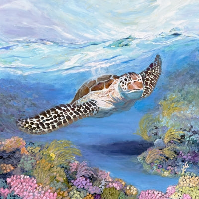 Sea Turtle Swims Through The Coral