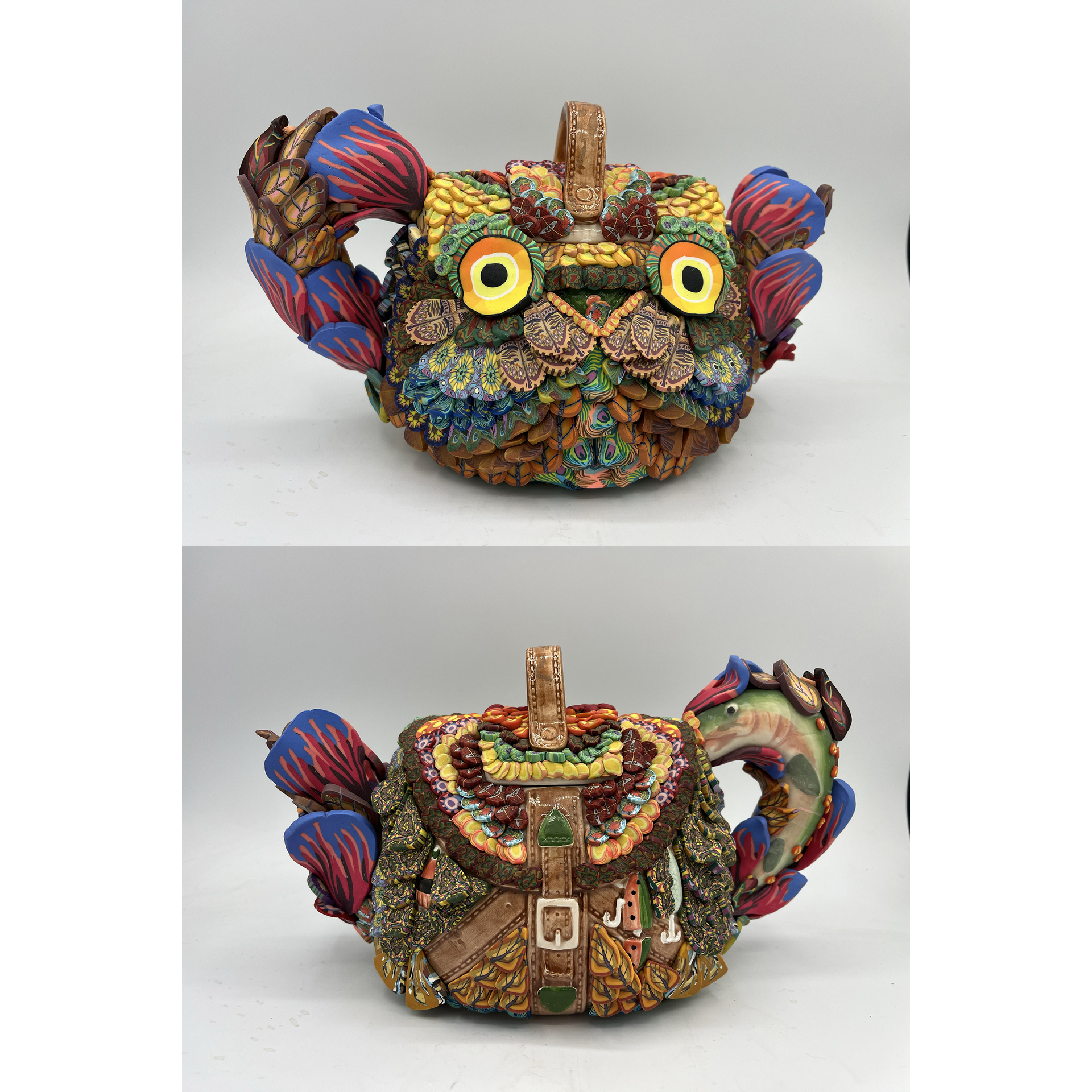 Layl Mcdill, Artist, Owl Tackle Box Teapot, ADC Fine Art, polymer clay and found teapot, Original Art – Art Design Consultants