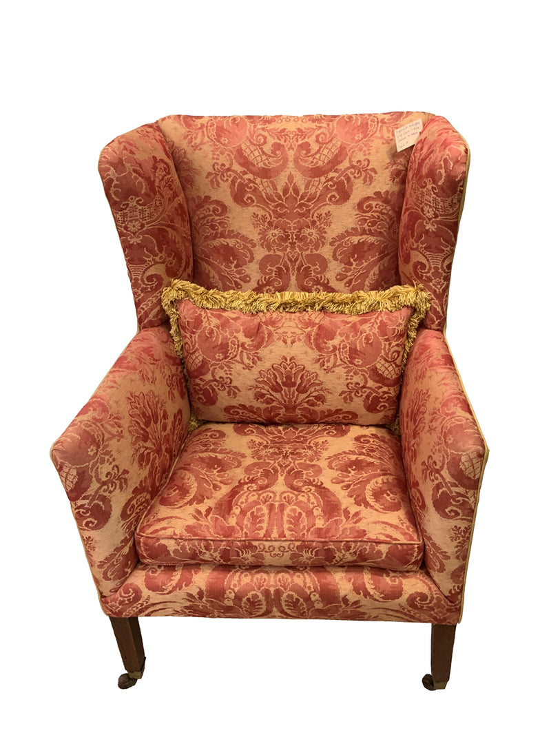 Hepplewhite Mahogany Wingchair In Rose Damask On Casters