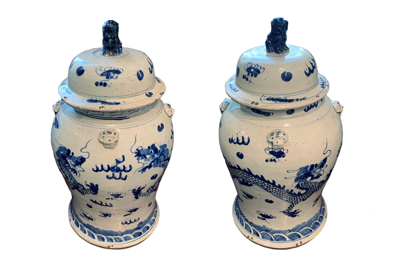 Pair Chinese Blue & White Temple Jars With Dragon Motifs